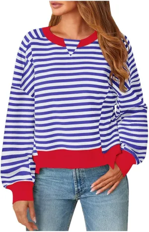 Oversized Sweatshirt for Women Striped Color Block Cropped Sweatshirts Crewneck Long Sleeve Sweater Y2K Shirt Tops