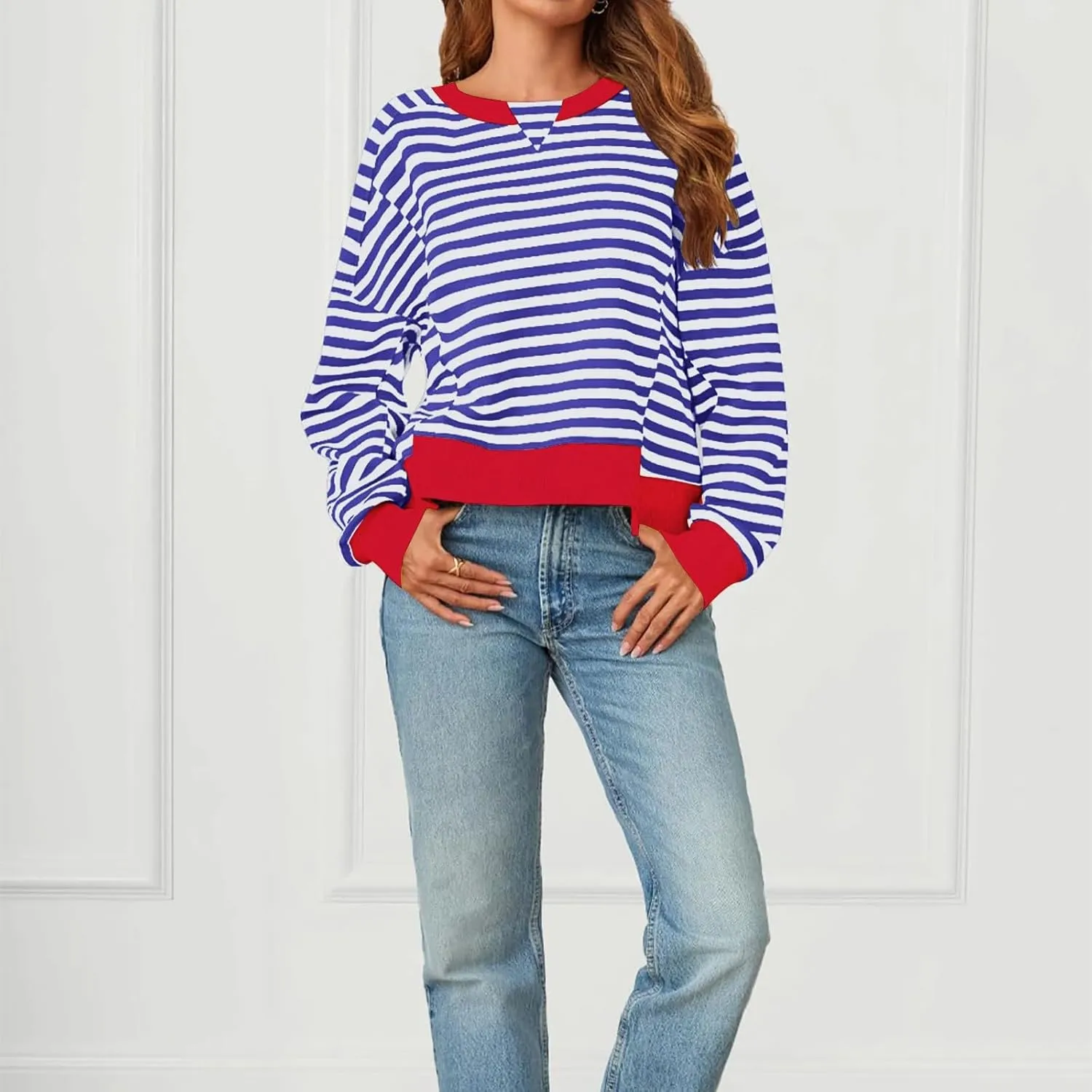 Oversized Sweatshirt for Women Striped Color Block Cropped Sweatshirts Crewneck Long Sleeve Sweater Y2K Shirt Tops