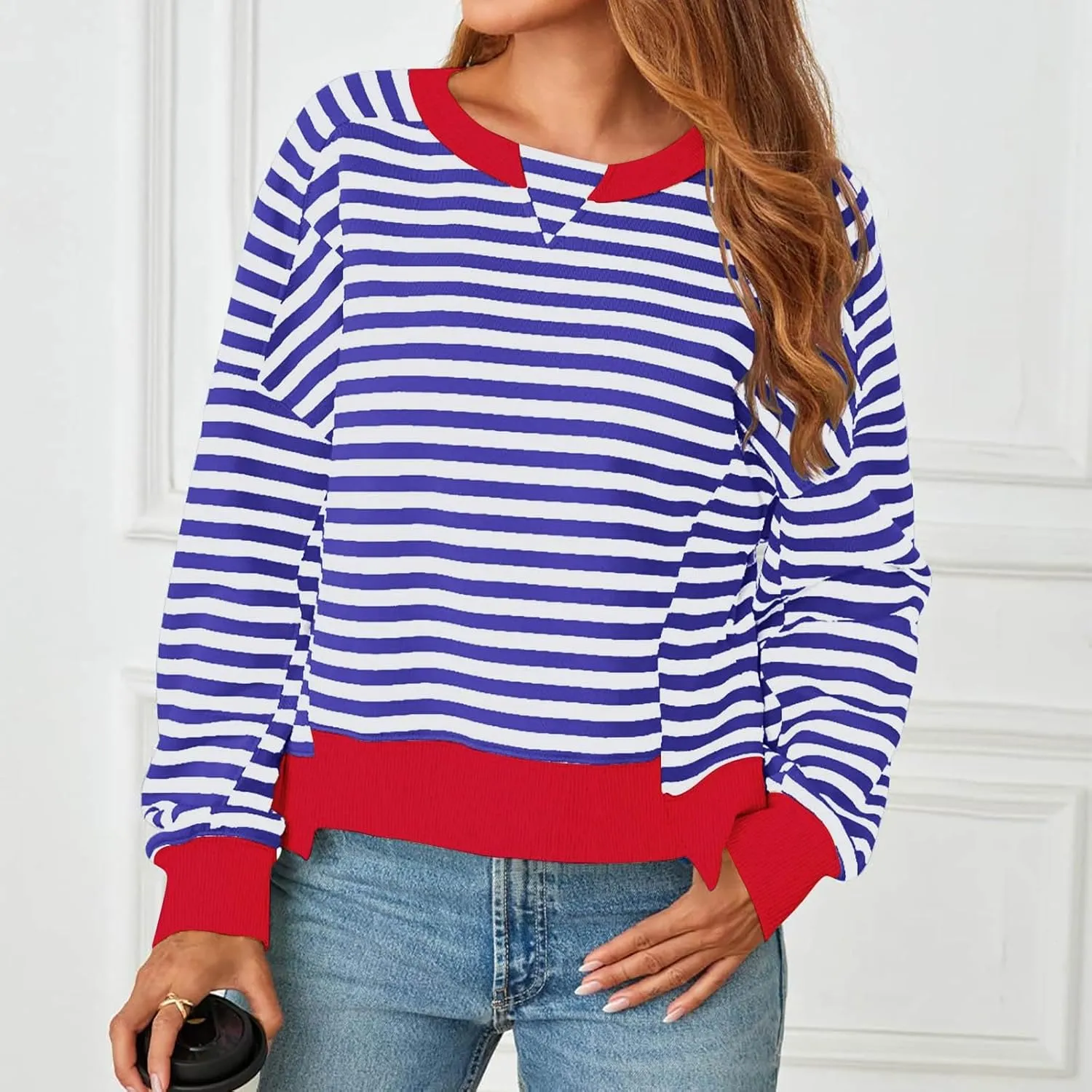 Oversized Sweatshirt for Women Striped Color Block Cropped Sweatshirts Crewneck Long Sleeve Sweater Y2K Shirt Tops