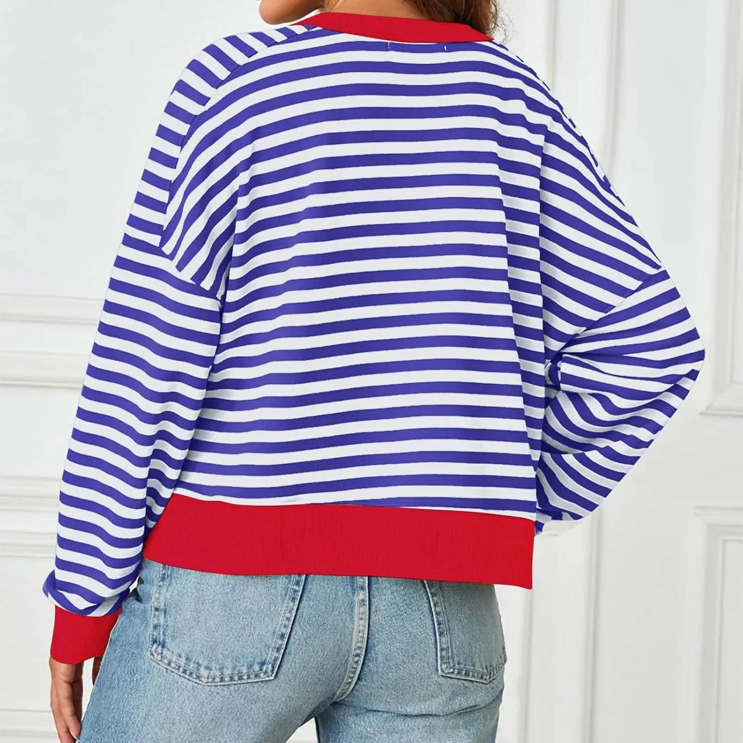 Oversized Sweatshirt for Women Striped Color Block Cropped Sweatshirts Crewneck Long Sleeve Sweater Y2K Shirt Tops