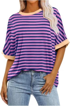 Oversized T Shirts for Women Short Sleeve Crewneck Summer Tops Casual Loose Striped Tee Shirts Trendy Clothes