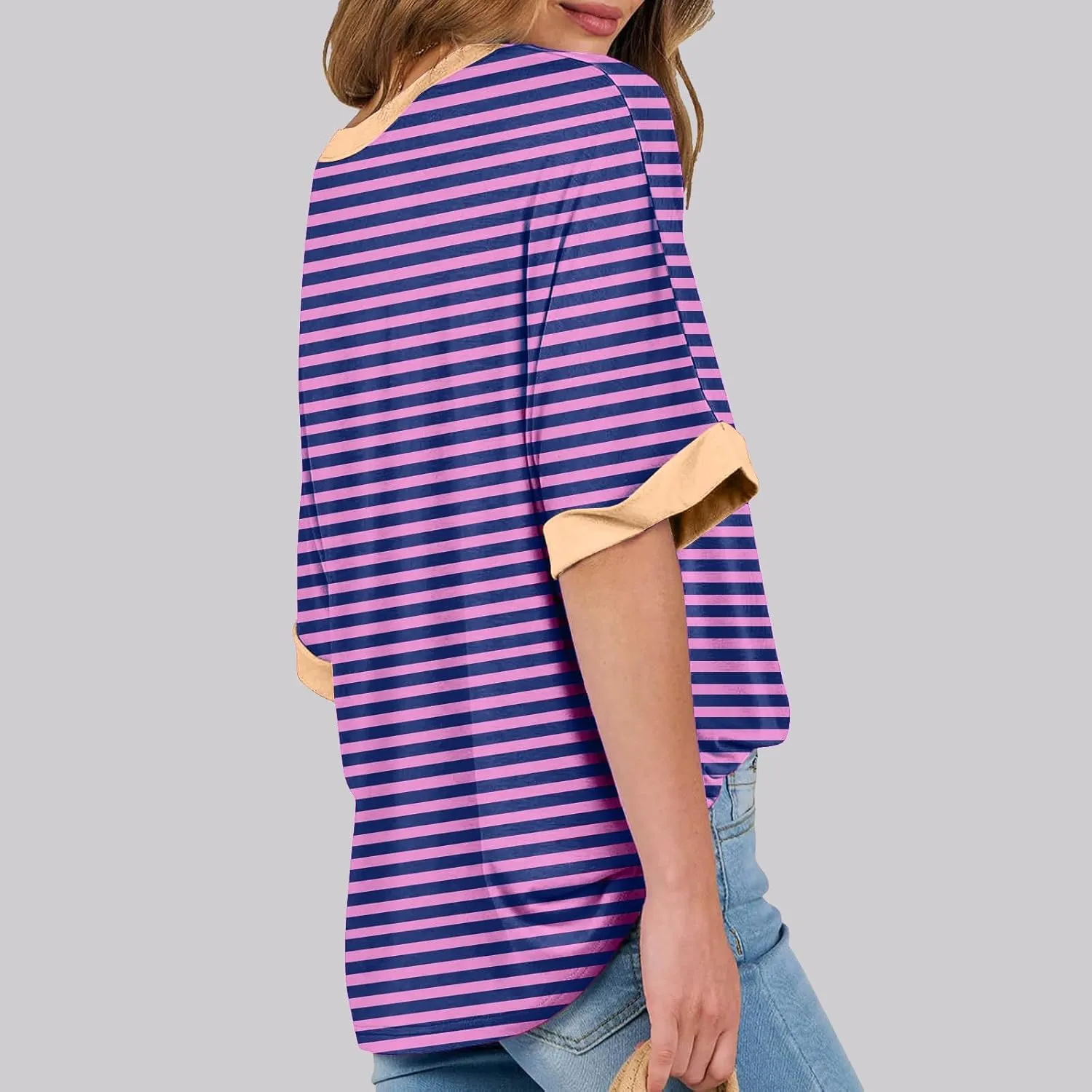 Oversized T Shirts for Women Short Sleeve Crewneck Summer Tops Casual Loose Striped Tee Shirts Trendy Clothes