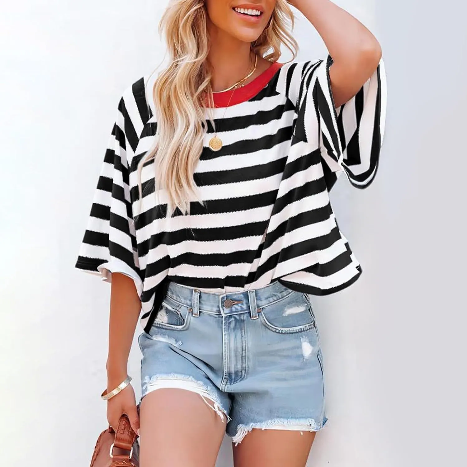 Oversized Tshirts for Women Striped Crew Neck Elbow Sleeve Tops Summer Color Block Half Sleeve Casual Blouses