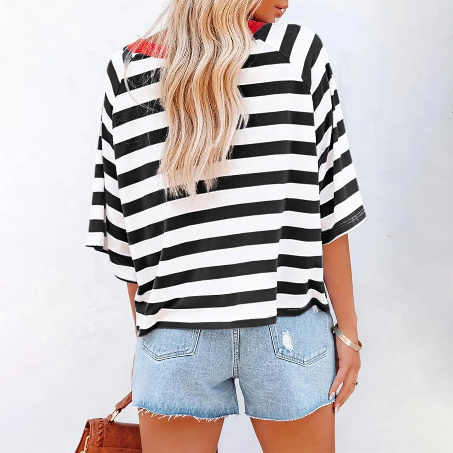 Oversized Tshirts for Women Striped Crew Neck Elbow Sleeve Tops Summer Color Block Half Sleeve Casual Blouses