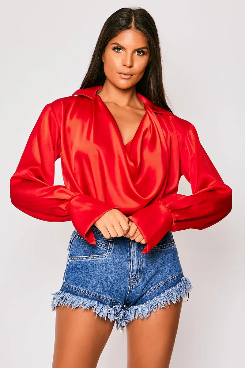 Paige - Red Satin Cowl Neck Blouse