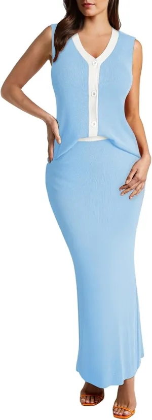 Pink Queen Women's 2 Piece Outfit Sets 2025 Summer Fashion Sleeveless Tank Top High Waist Slit Bodycon Knit Skirt Dresses Set