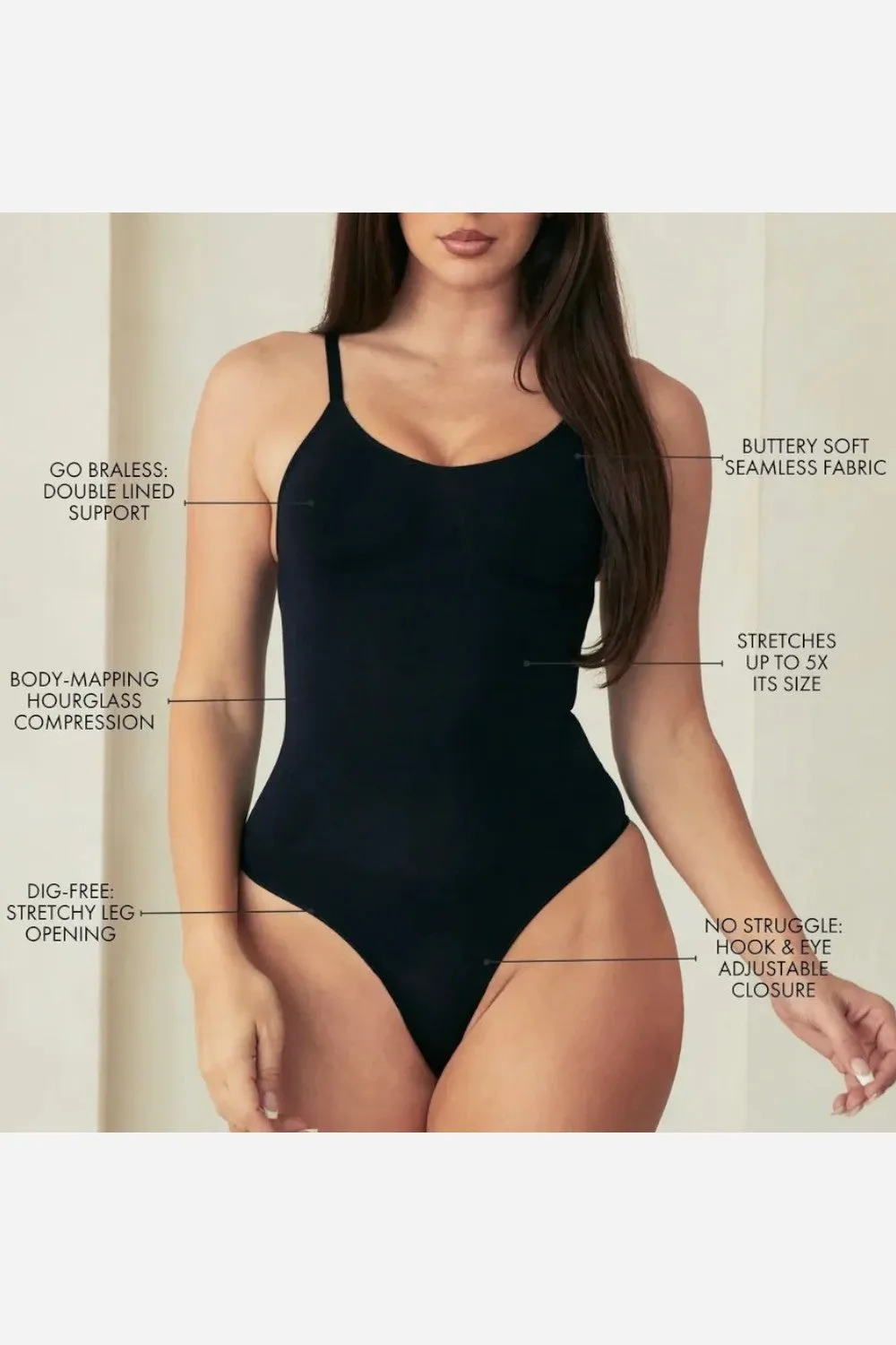 Pinsy Shapewear V Neck Spaghetti Butter Sculpt Seamless Shapewear Bodysuit in Black