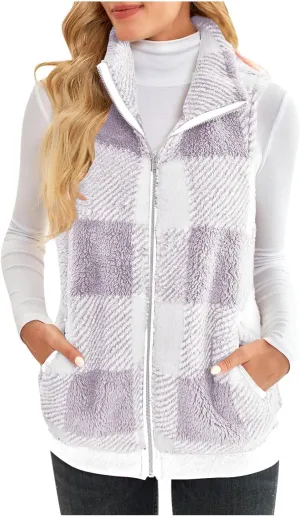 Plaid Fleece Vest Women Zip Up Plus Size Jacket Fuzzy Casual Jacket Winter Sleeveless Cardigan Tops with Pockets