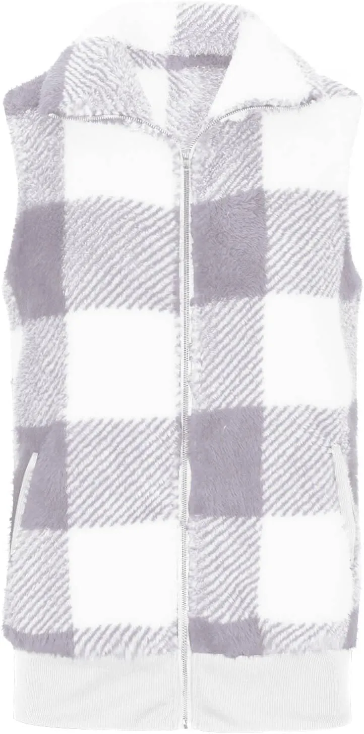 Plaid Fleece Vest Women Zip Up Plus Size Jacket Fuzzy Casual Jacket Winter Sleeveless Cardigan Tops with Pockets
