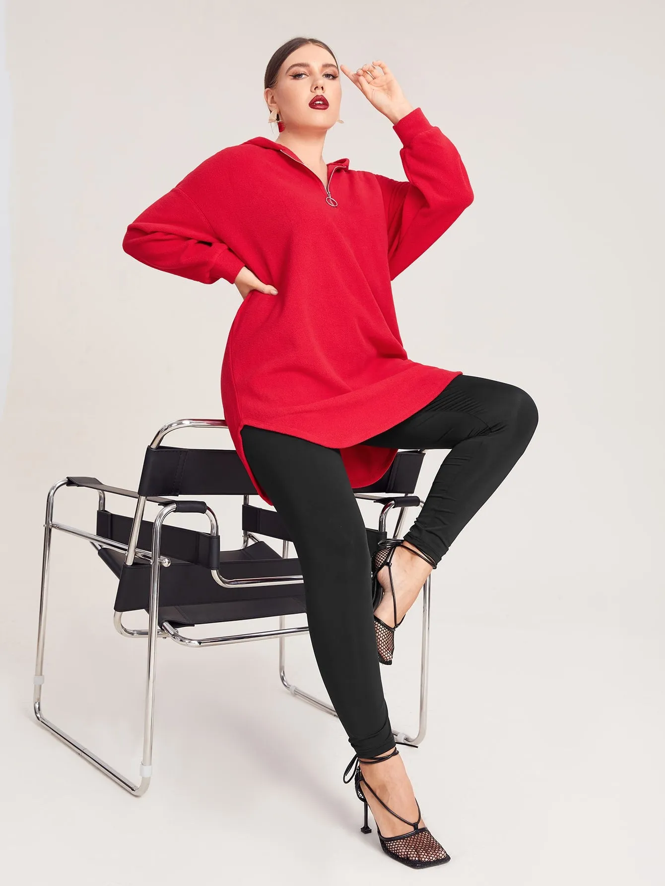 Plain Zipper Long Sleeve Hooded Long Plus Size Sweatshirt