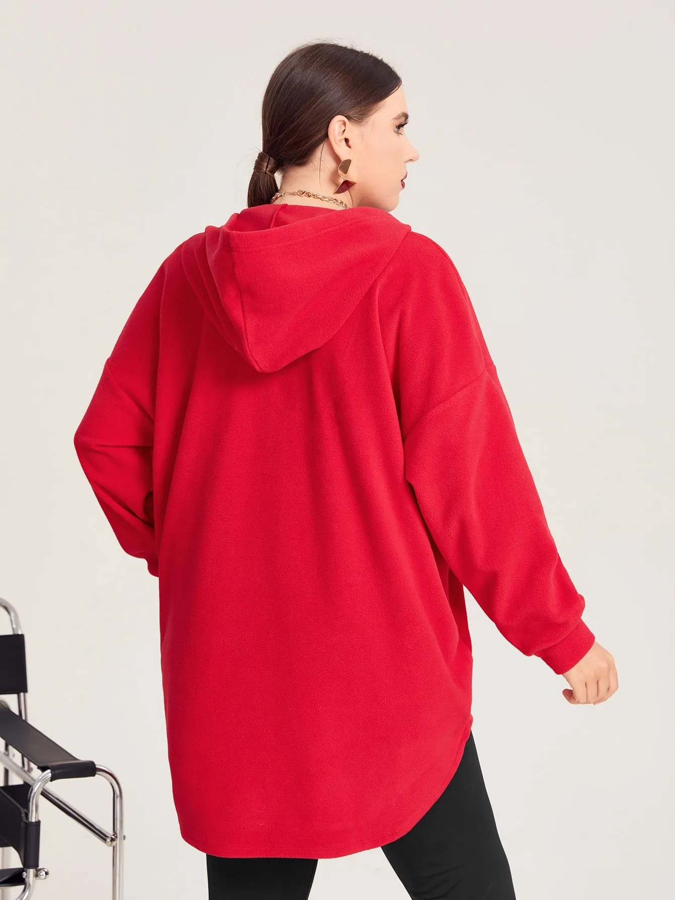 Plain Zipper Long Sleeve Hooded Long Plus Size Sweatshirt