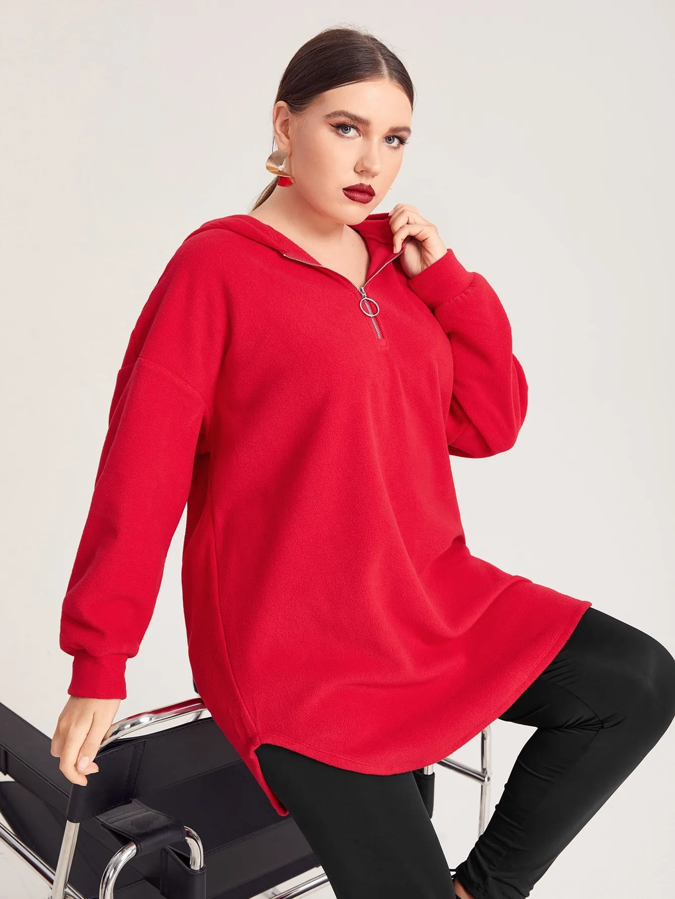 Plain Zipper Long Sleeve Hooded Long Plus Size Sweatshirt