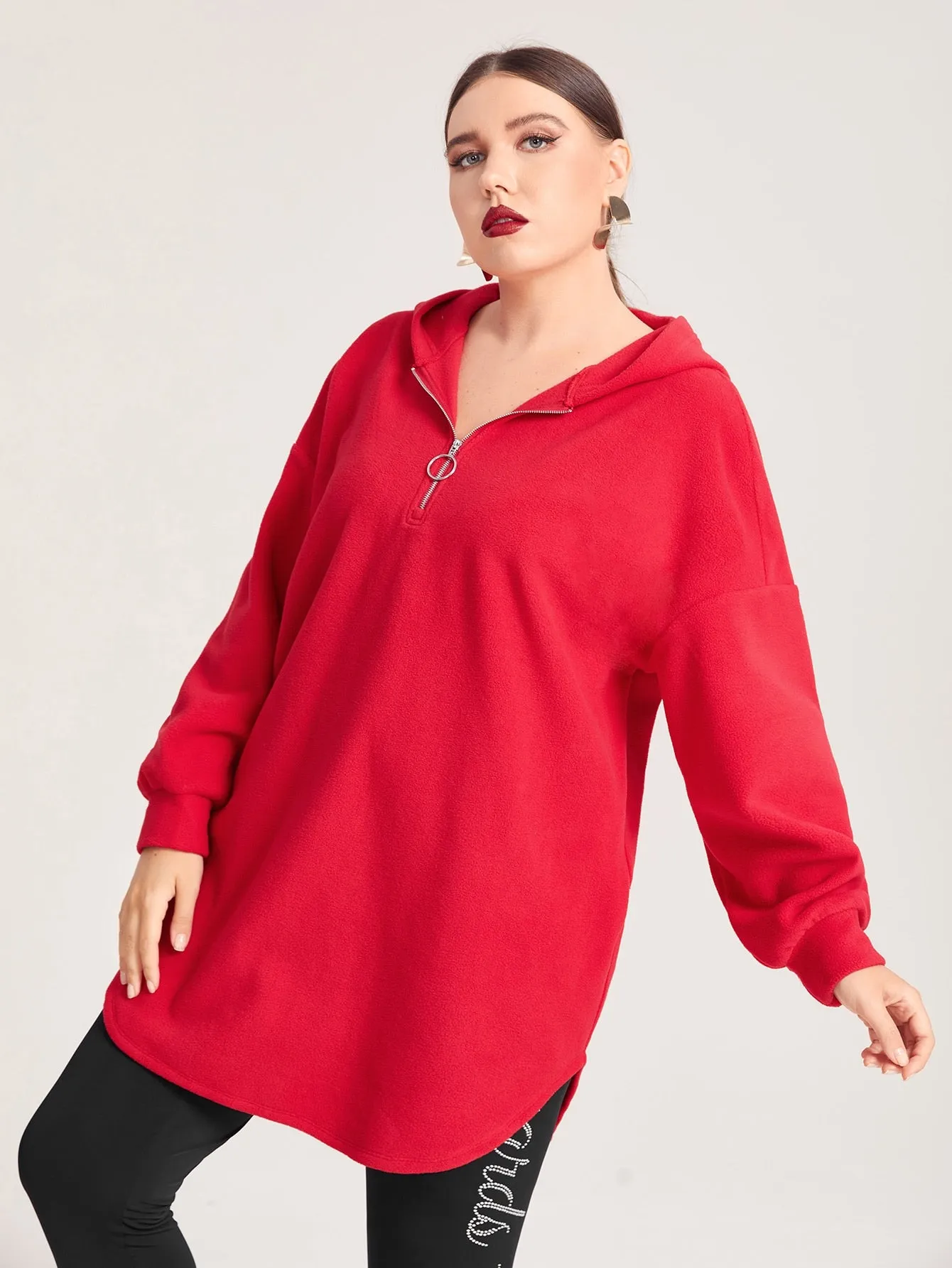 Plain Zipper Long Sleeve Hooded Long Plus Size Sweatshirt