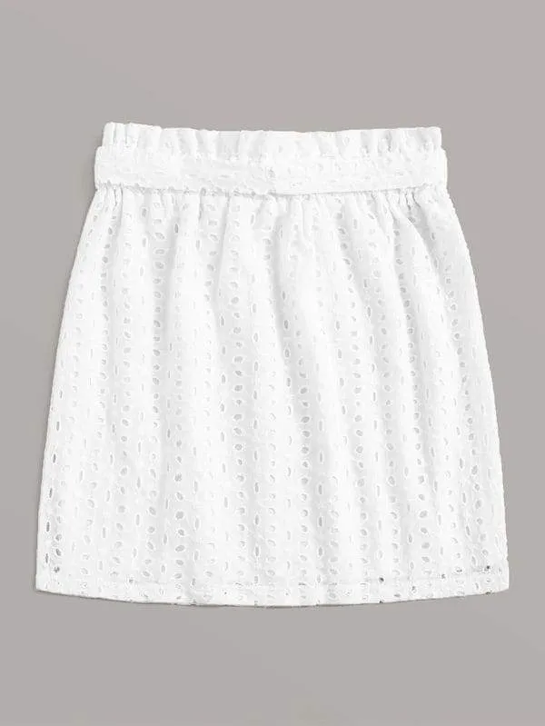 Plus Button Through Tie Waist Eyelet Embroidery Skirt