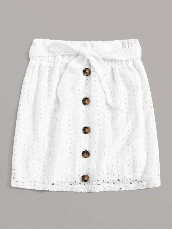 Plus Button Through Tie Waist Eyelet Embroidery Skirt