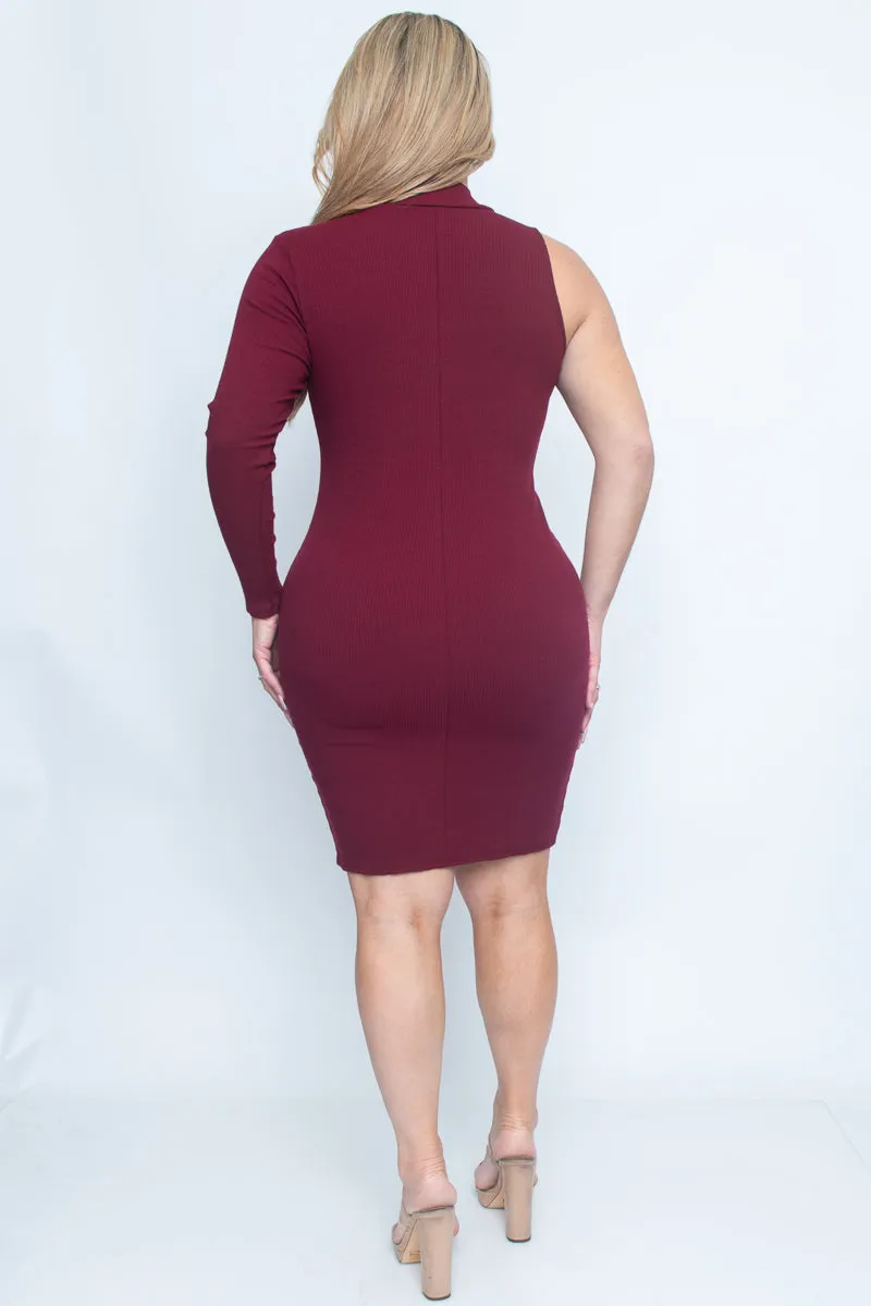 Plus Size 1/4 Zip Mock Neck One Sleeve Midi Dress (ZA3093)