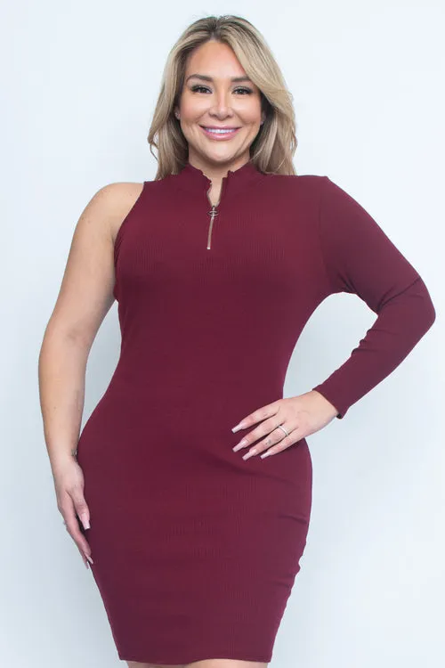 Plus Size 1/4 Zip Mock Neck One Sleeve Midi Dress (ZA3093)