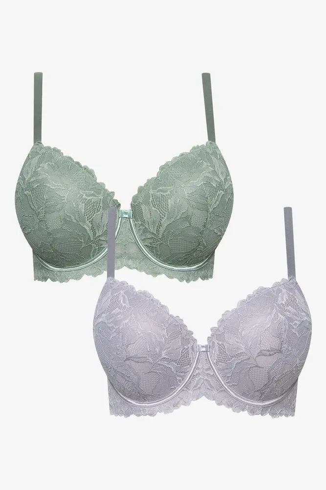Plus Size 2 Pack Lace Balconette Bras Green & Grey