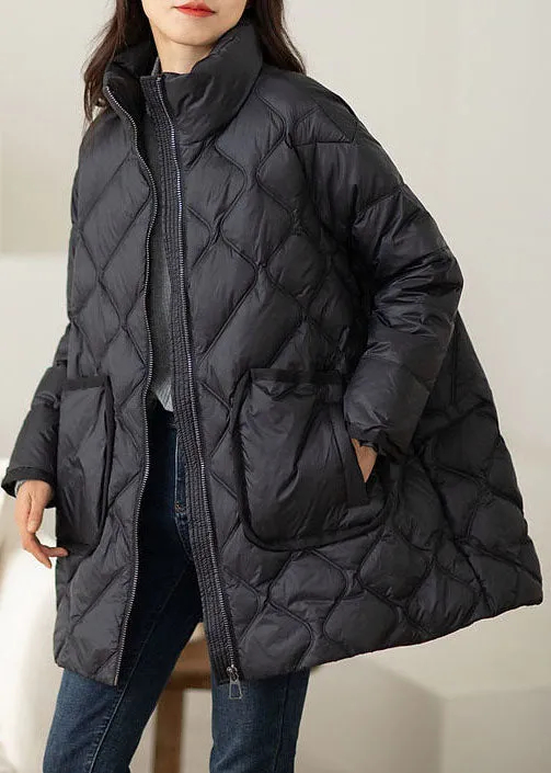 Plus Size Black Stand Collar Zip Up Duck Down Puffers Jackets Winter