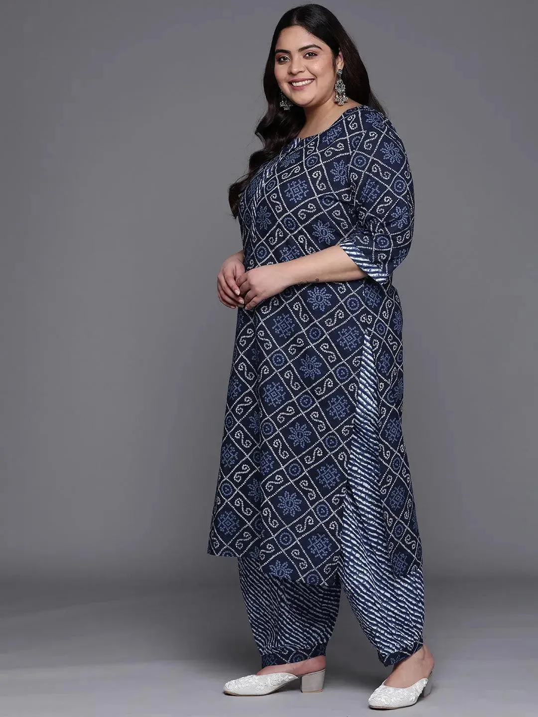Plus Size Blue Printed Cotton Straight Kurta With Salwar & Dupatta