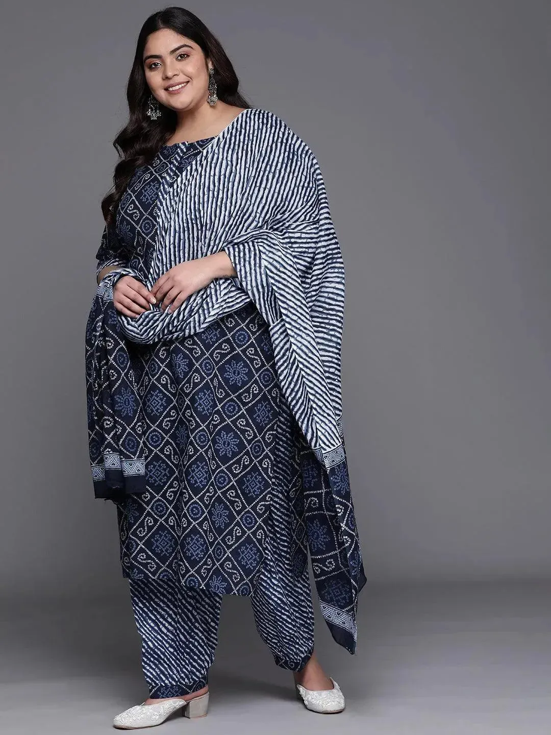 Plus Size Blue Printed Cotton Straight Kurta With Salwar & Dupatta