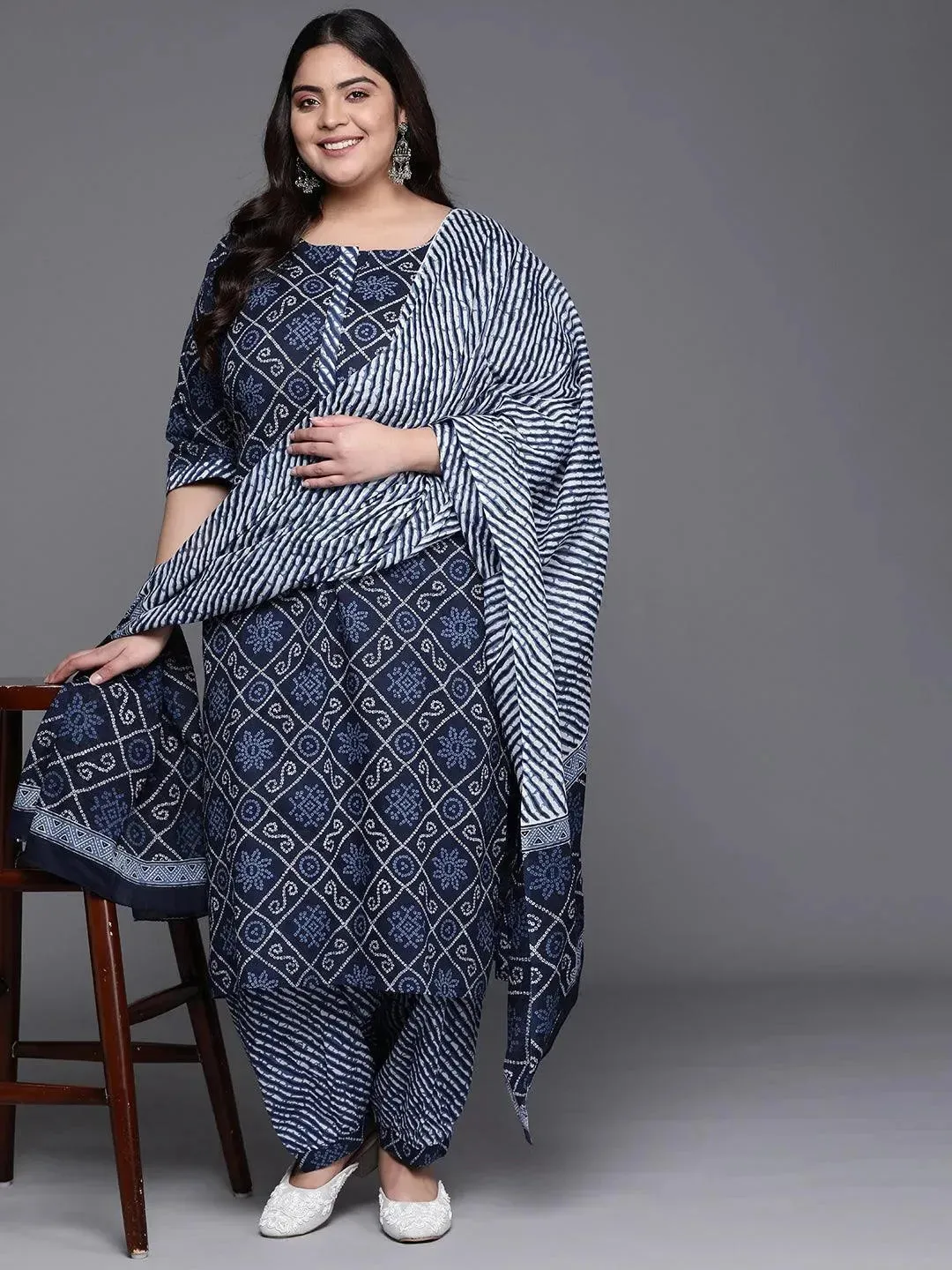 Plus Size Blue Printed Cotton Straight Kurta With Salwar & Dupatta