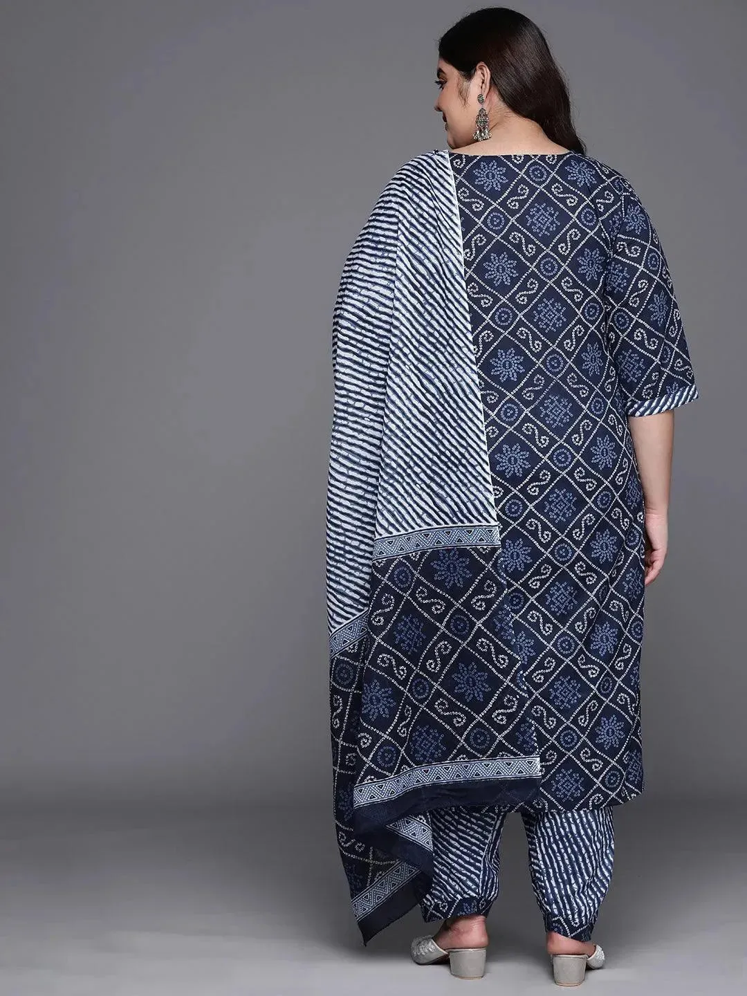 Plus Size Blue Printed Cotton Straight Kurta With Salwar & Dupatta