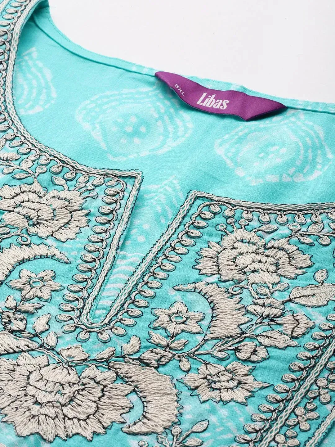 Plus Size Blue Printed Cotton Straight Kurta With Trousers & Dupatta