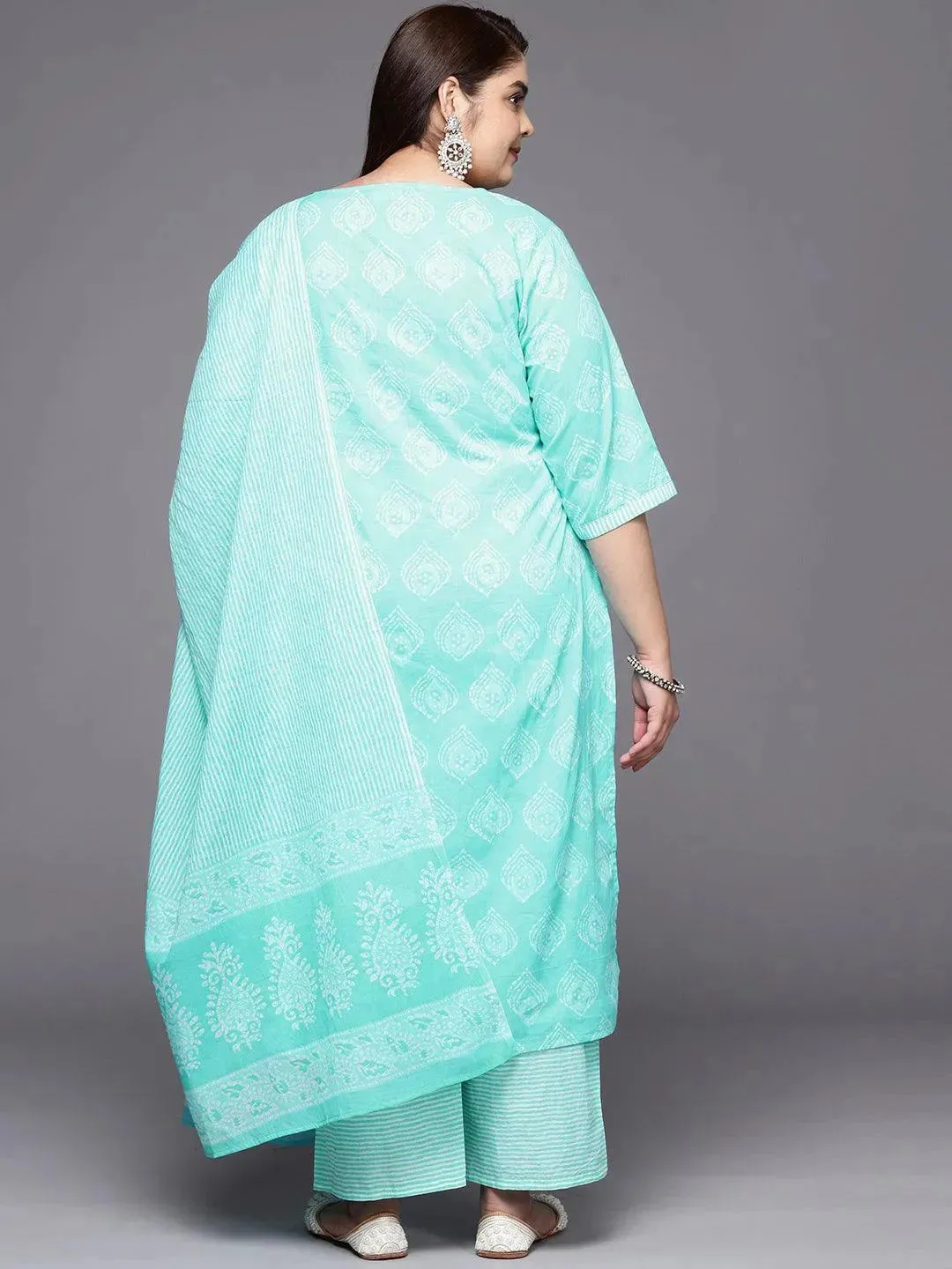 Plus Size Blue Printed Cotton Straight Kurta With Trousers & Dupatta