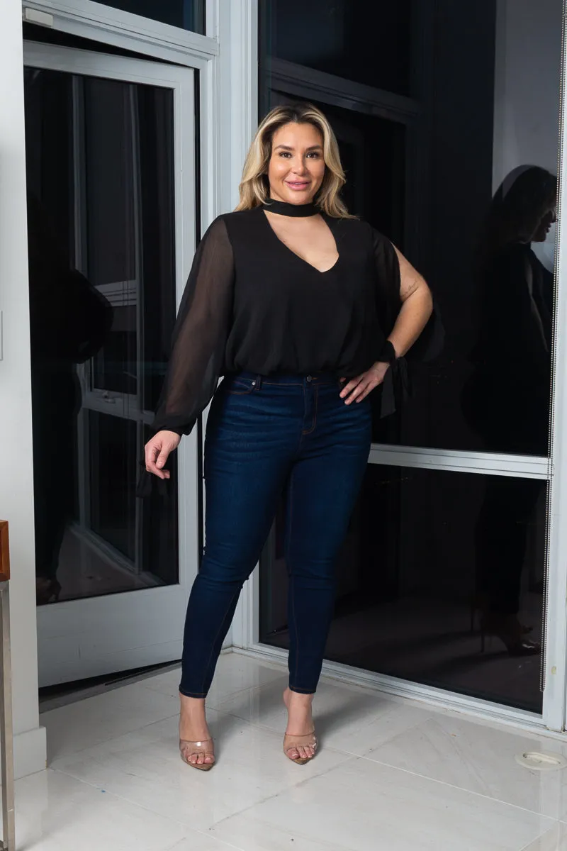 Plus Size Chocker Neckline Open Sleeves Bodysuit W/ lining (5J629876) Y