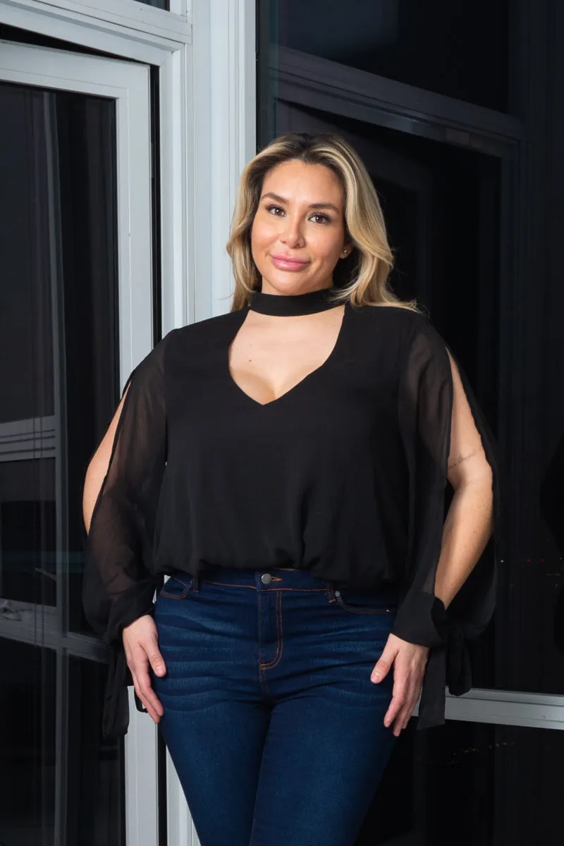 Plus Size Chocker Neckline Open Sleeves Bodysuit W/ lining (5J629876) Y