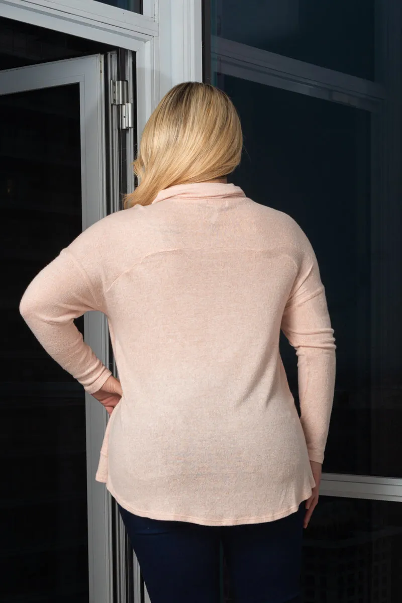 Plus Size Cowl Neckline Long Sleeve Top White Front Contrast Detail and 2 Pockets* (B70534CBCK)