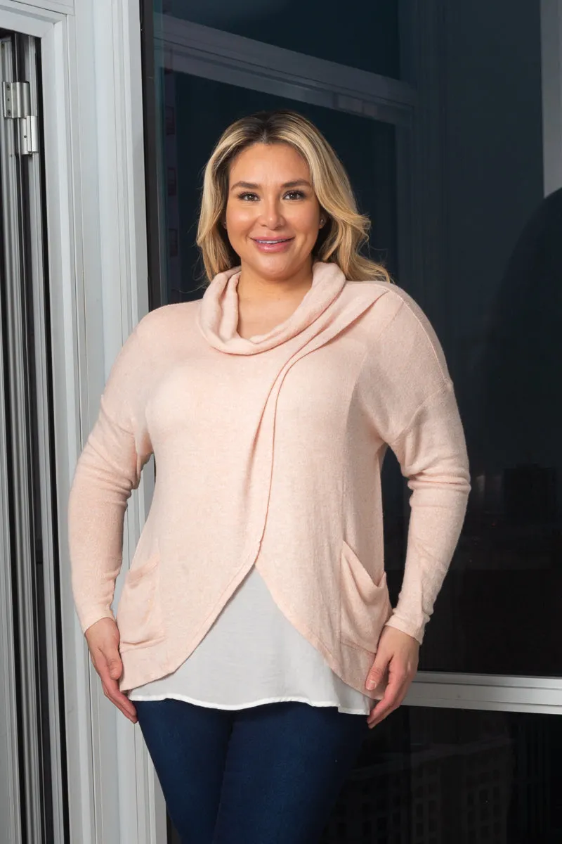 Plus Size Cowl Neckline Long Sleeve Top White Front Contrast Detail and 2 Pockets* (B70534CBCK)