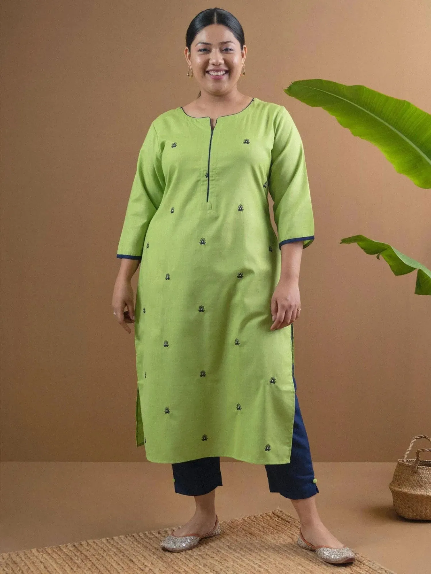 Plus Size Green Embroidered Cotton Straight Kurta With Trousers