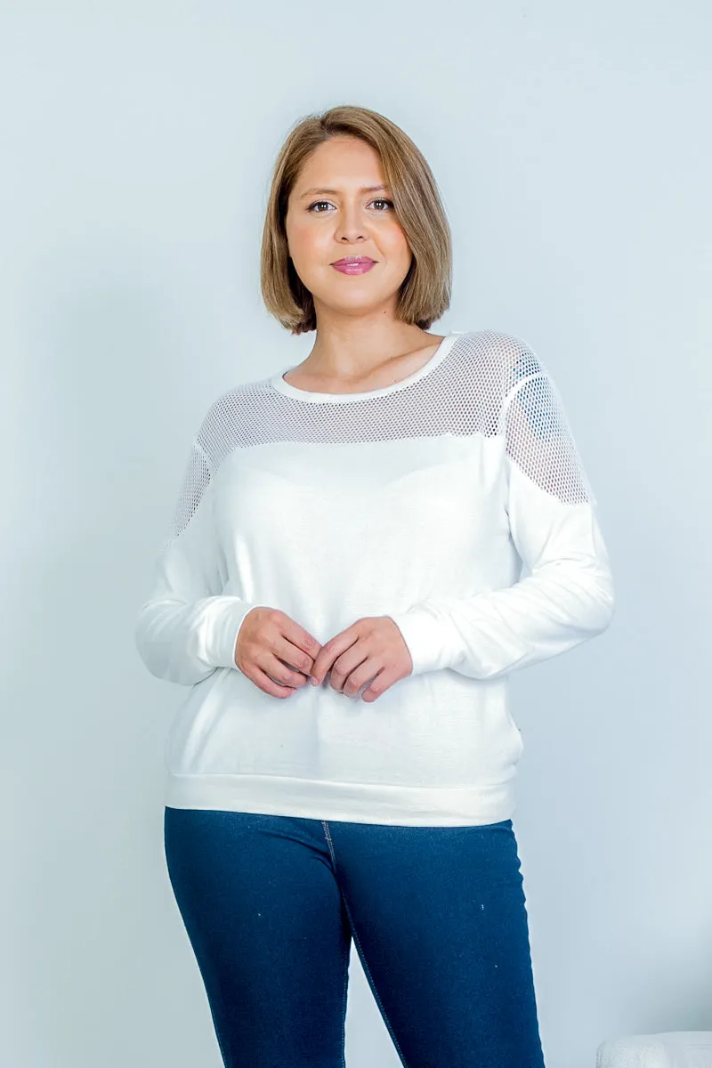 Plus Size Jewel Neck Cotton Sweatshirt with Mesh Yoke and Shoulder Detail (KT377)