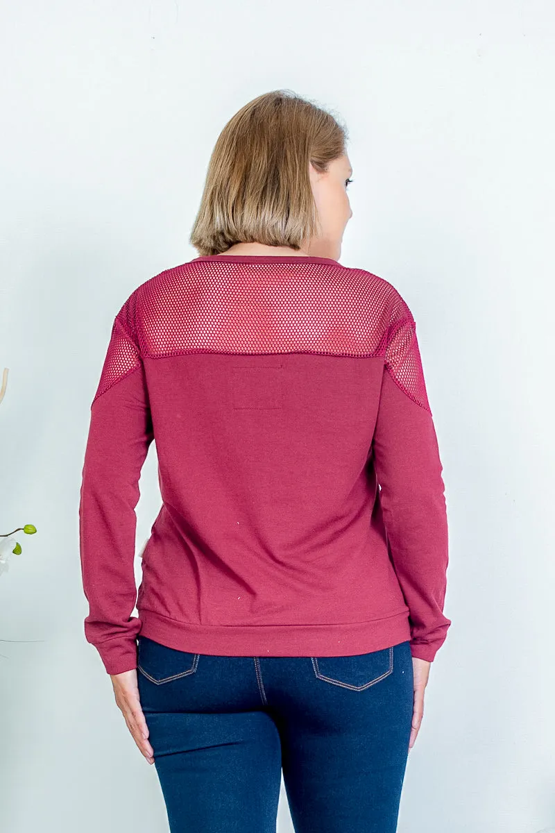 Plus Size Jewel Neck Cotton Sweatshirt with Mesh Yoke and Shoulder Detail (KT377)