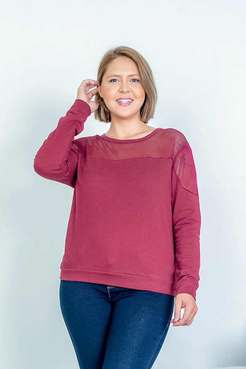 Plus Size Jewel Neck Cotton Sweatshirt with Mesh Yoke and Shoulder Detail (KT377)