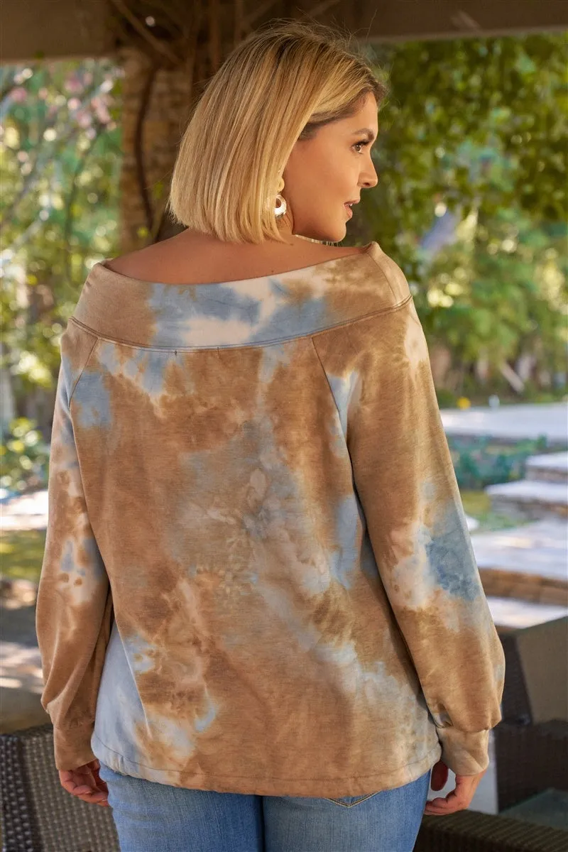 Plus Size Multicolor Tie-dye Bateau Neck Long Sleeve Draw-string Trim Sweatshirt