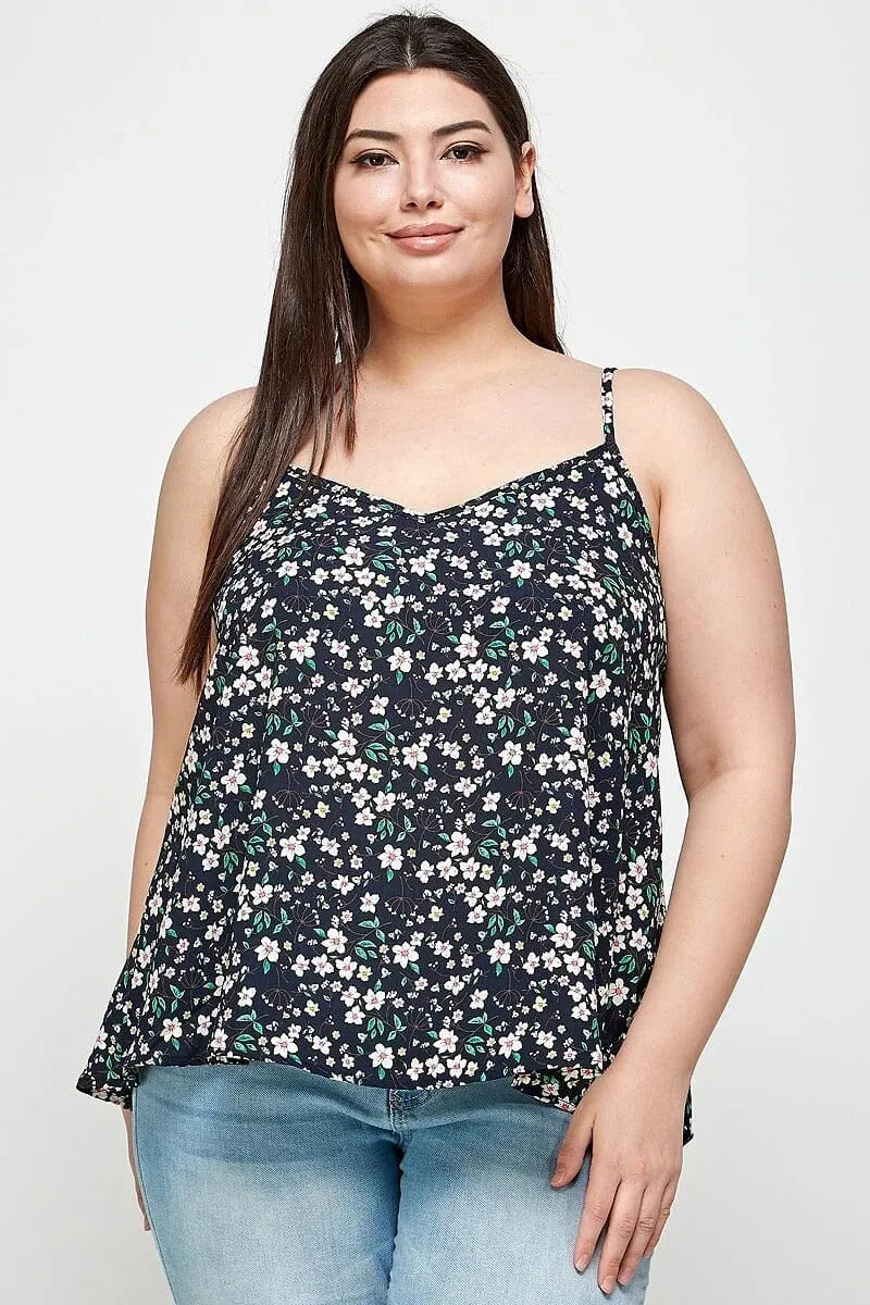 Plus Size Navy Blue Ditsy Floral Spaghetti Strap Cami Top
