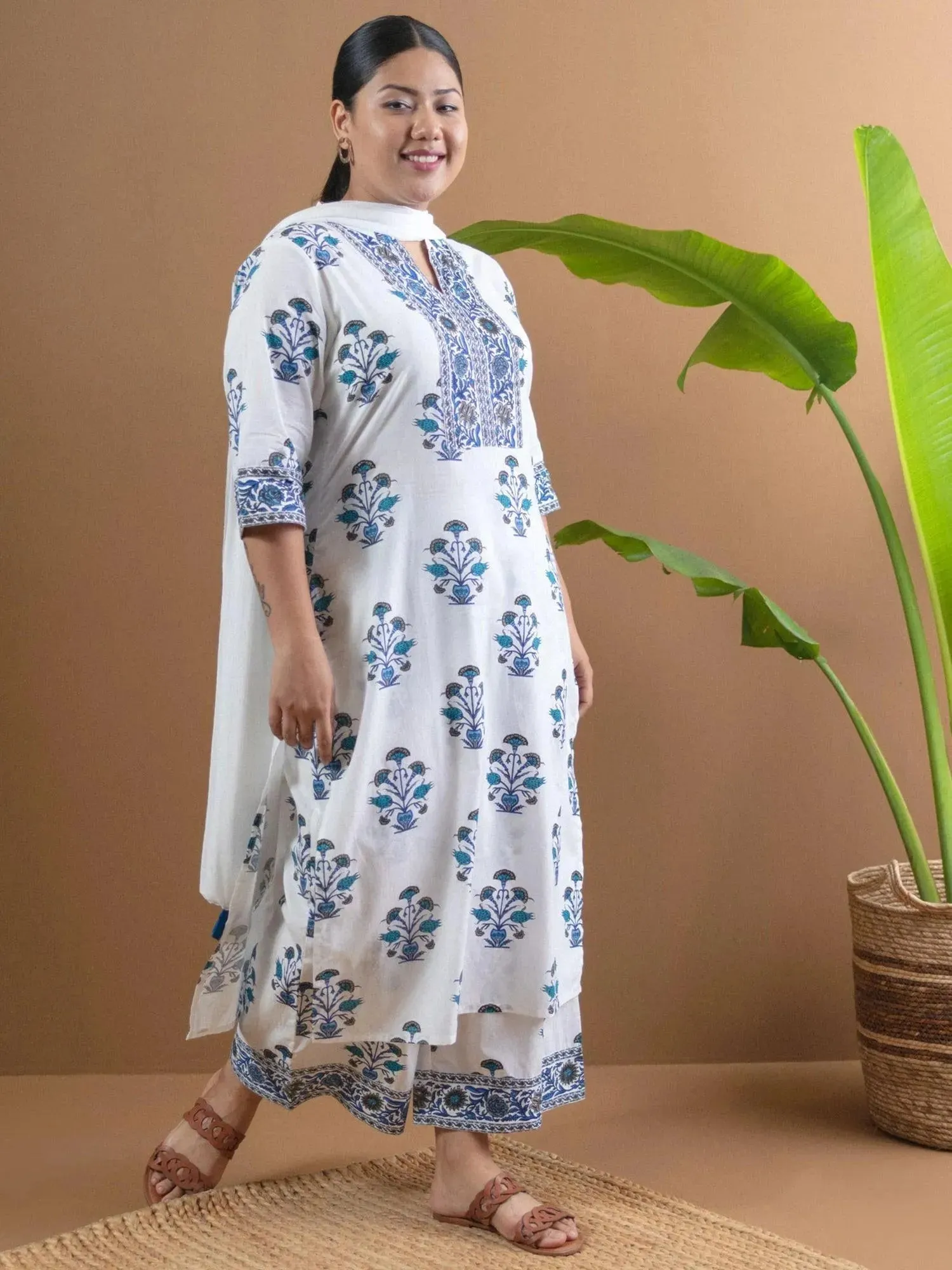 Plus Size Off-White Printed Cotton Straight Kurta With Palazzos & Dupatta