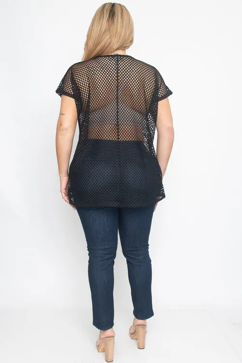 Plus Size Open Net V Neck Short Sleeve Top (ZA3382)