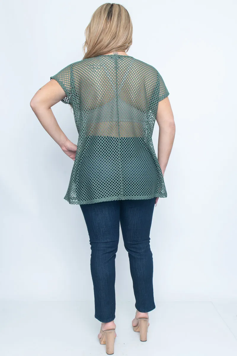 Plus Size Open Net V Neck Short Sleeve Top (ZA3382)