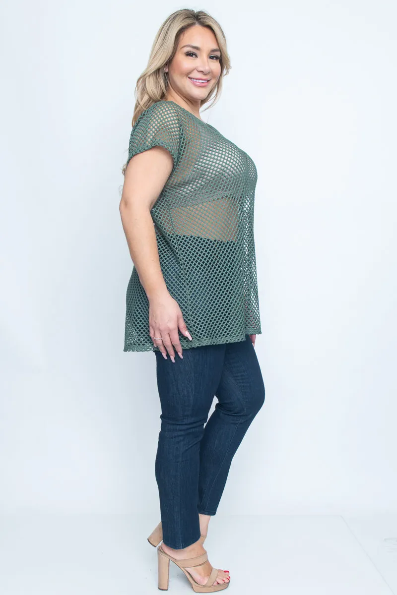 Plus Size Open Net V Neck Short Sleeve Top (ZA3382)