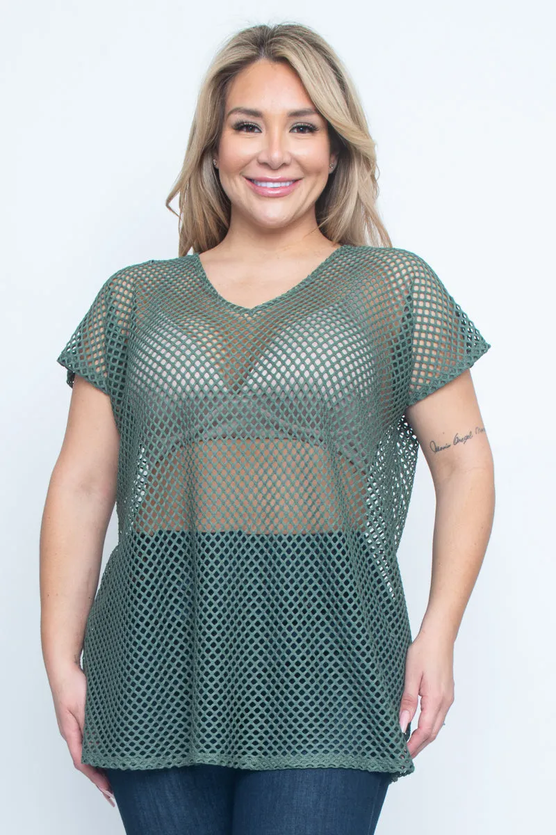 Plus Size Open Net V Neck Short Sleeve Top (ZA3382)