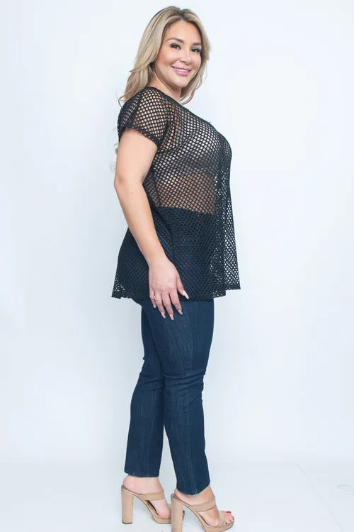 Plus Size Open Net V Neck Short Sleeve Top (ZA3382)