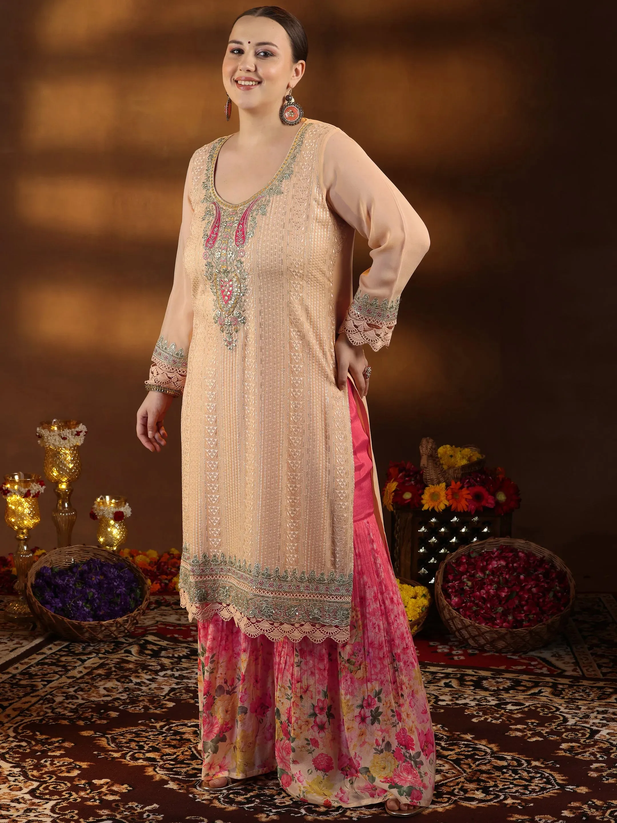 Plus Size Peach Embroidered Silk Blend Straight Suit With Dupatta