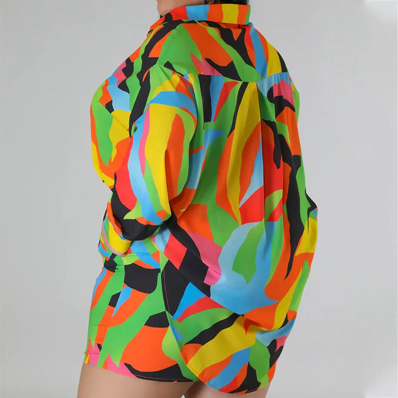 Plus Size Printed Lapel Black Oversized Shirts Shorts Sets Wholesale Womens Clothing N3824080500025
