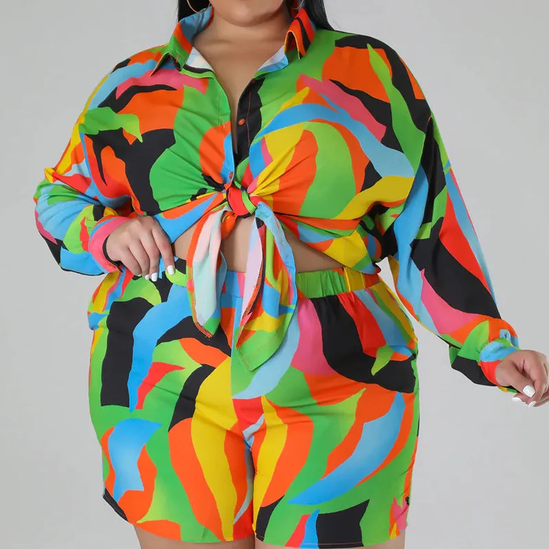 Plus Size Printed Lapel Black Oversized Shirts Shorts Sets Wholesale Womens Clothing N3824080500025