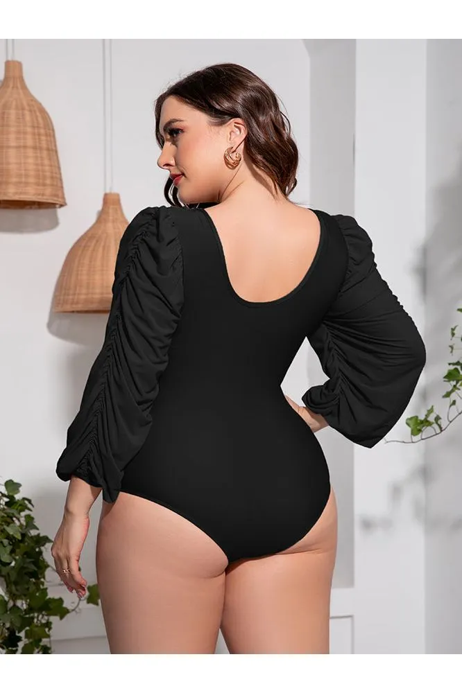 Plus Size Women Tied Deep V Balloon Sleeve One-Piece Swimsuit