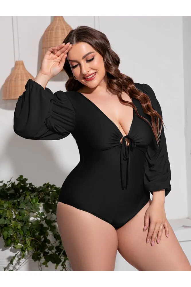 Plus Size Women Tied Deep V Balloon Sleeve One-Piece Swimsuit